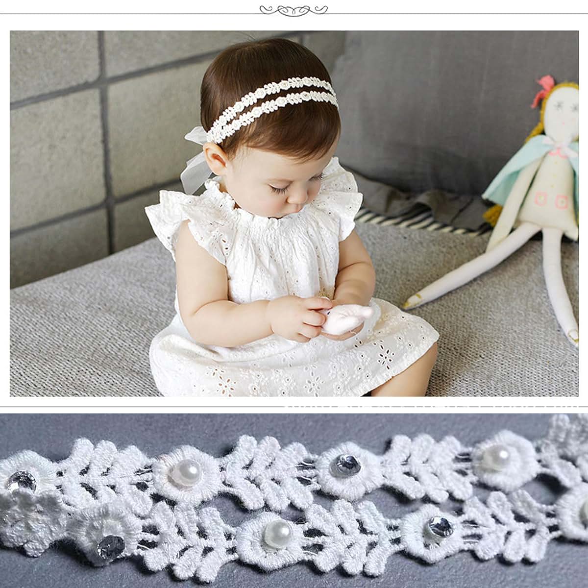 Pyalxdn White Flower Christening Headband With Elastic Lace (photo 4)
