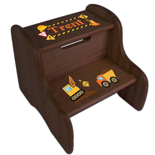 My Bambino Personalized Kids Step Stool | Espresso Step Stool (Construction) | Custom Name Toddler Bathroom & Kitchen