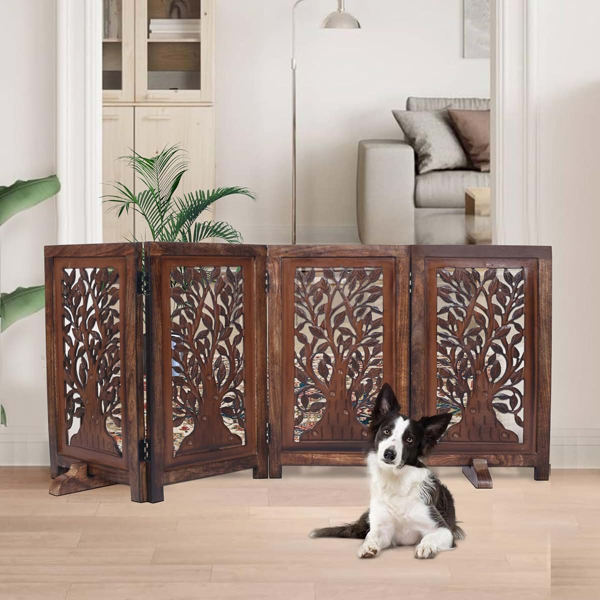 Woodify Dog Gate 4 Panel Free Standing Folding Pet Gate, 56x28 - Natural Burnt