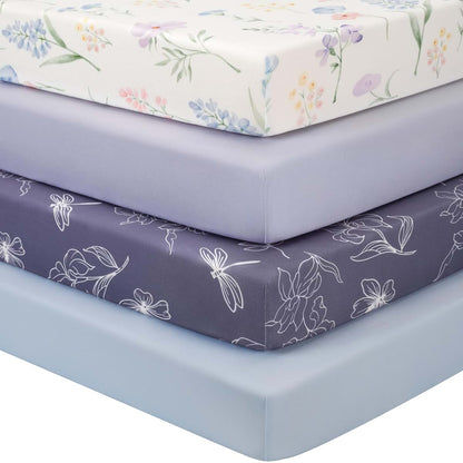 FIEMOL Baby Crib Sheets for Girls, 4 Pack Fitted Toddler Bed Sheets for 52"x28" Mattress, Soft Microfiber Blue Purple Fl