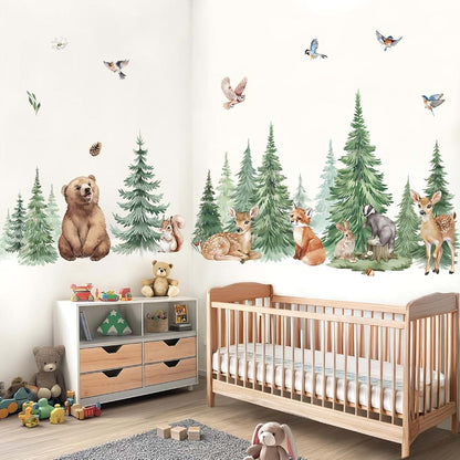 wondever Pine Tree Wall Decals Woodland Animals Bear Wall Stickers (XL)