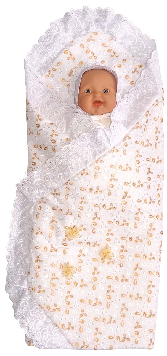 Pink and Blue Knitwear Embroidered Wrap Baby Blanket in Gold