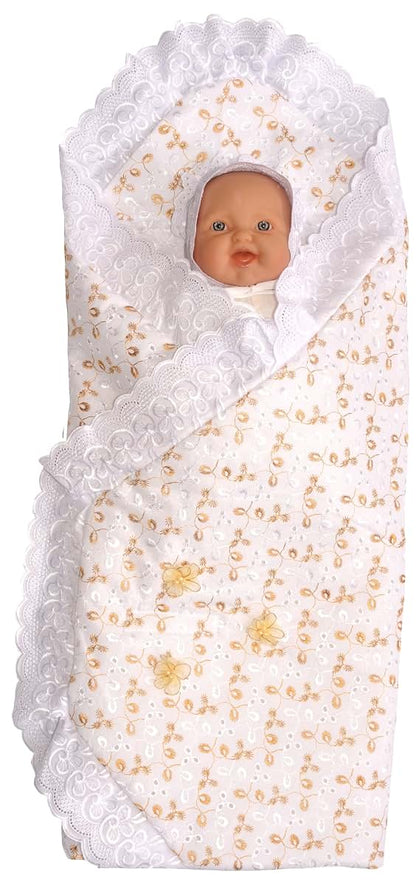 Pink and Blue Knitwear Embroidered Wrap Baby Blanket in Gold