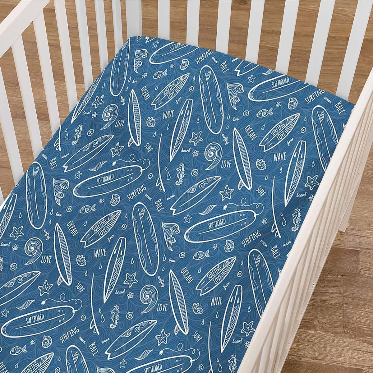 BabyOneStop Surfboard Fitted Crib Sheet, Blue Waters Oceanic Print