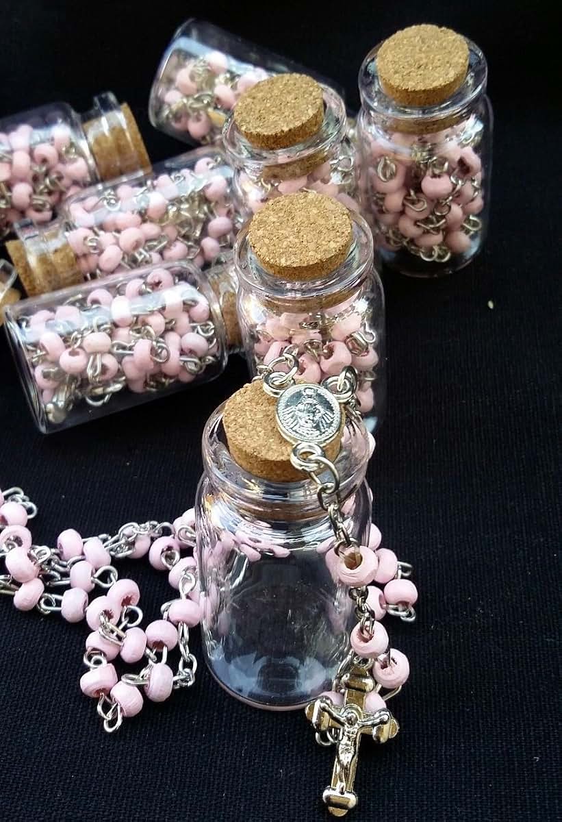 YRP 12 X Rosary Bottle Baptism Communion Favors - Pink/Silver