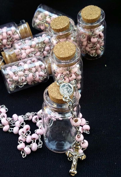 YRP 12 X Rosary Bottle Baptism Communion Favors - Pink/Silver