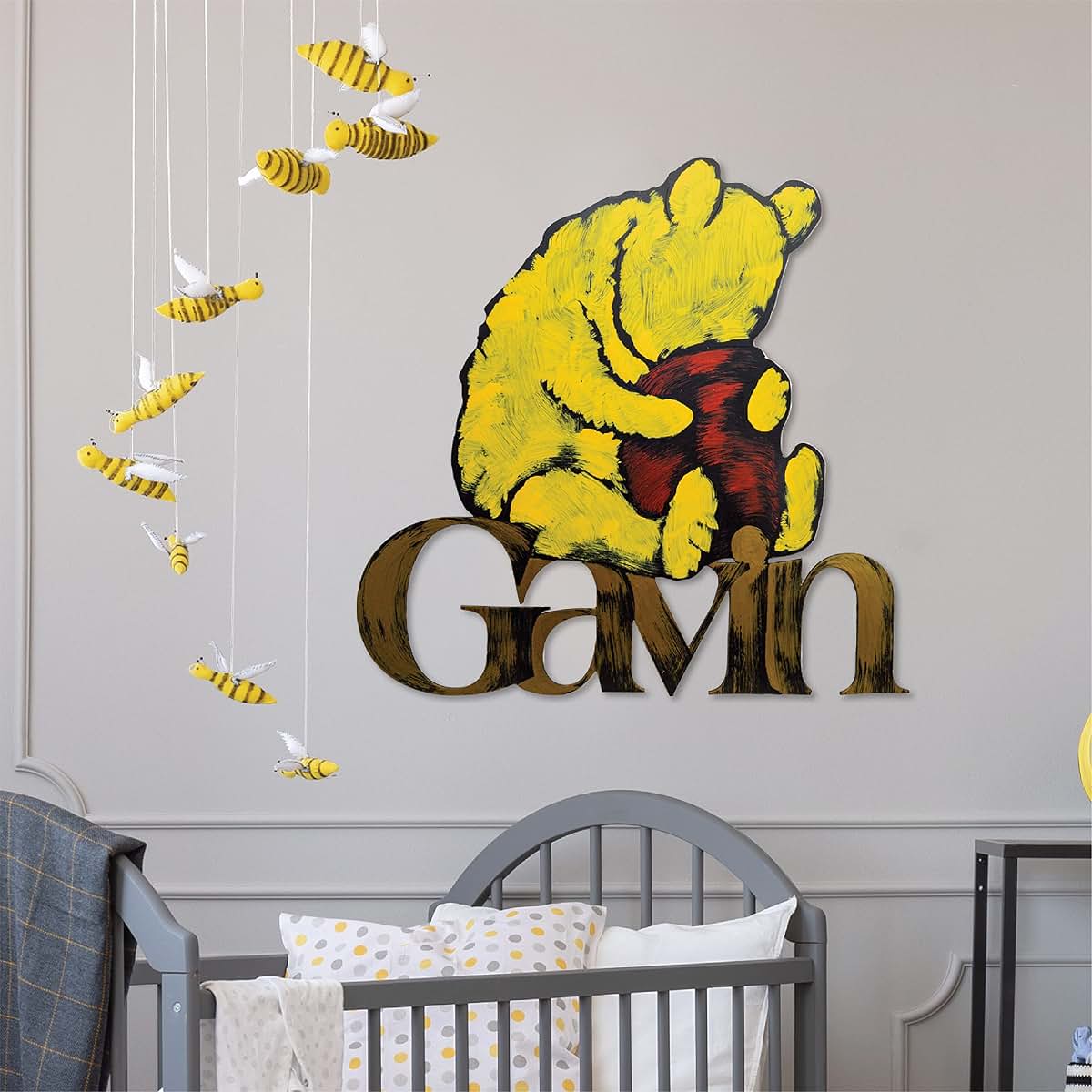 Letter2Word Word Wall Art: Hand-Painted Winnie the Pooh Personalized Baby Name Sign Wall Art, 21x22 Inches, No-Nail