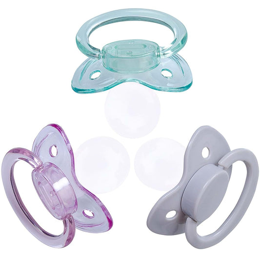 J&Or The Classic Original Adult Sized Pacifier Dummy - Three Color Pack -Ash Gray | Transparent Purple | Transparent