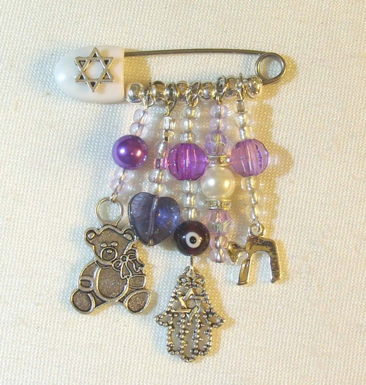 Crib Blessing Purple and White Keychain with Chai, Evil Eye, Hamsa, and Teddy Bear Charms