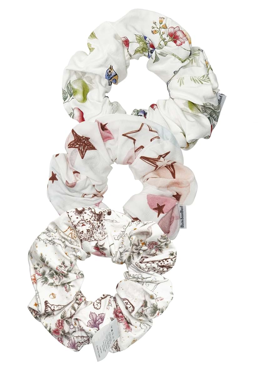 BambooBud Baby Girls Hair Scrunchies 3-Pack with Leopard, Rabbit and Star Patterns