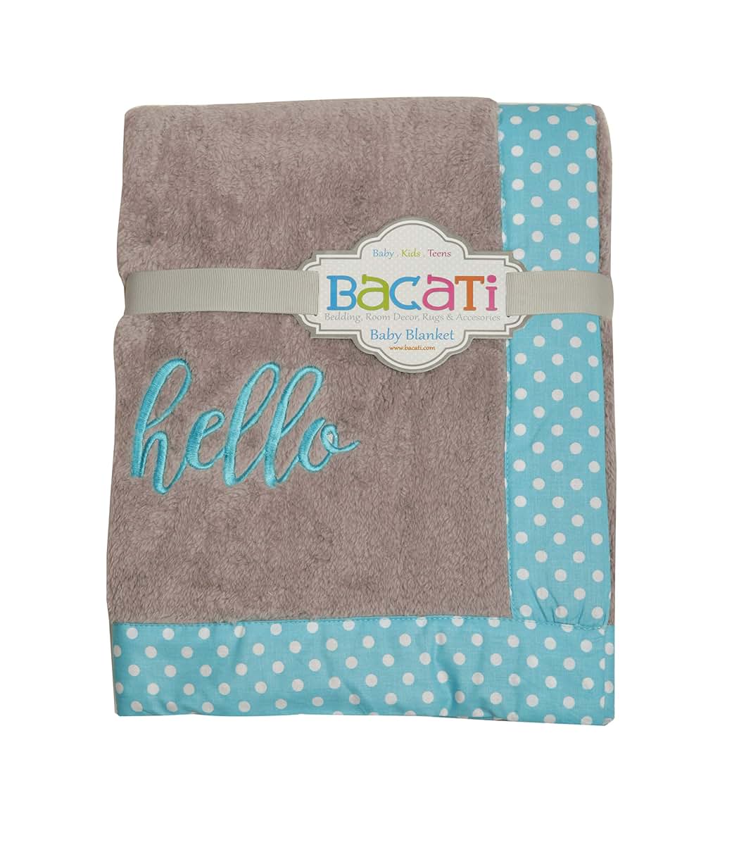 Bacati Love Hello Embroidered Plush Blanket, Black/Turquoise