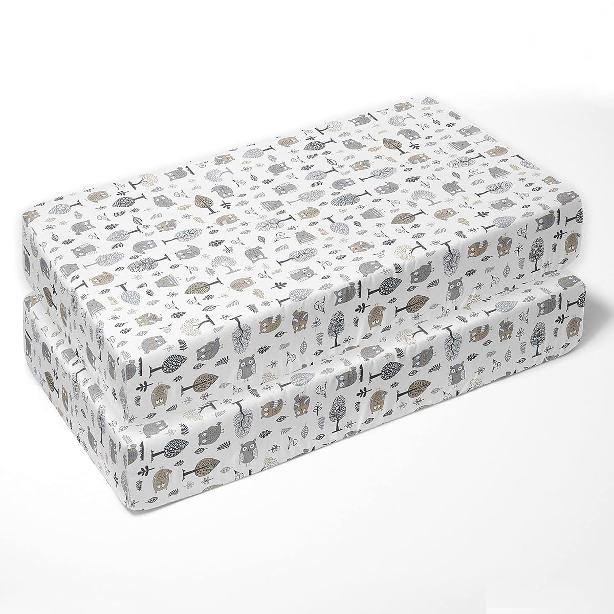 Bacati 2-Pack Crib Fitted Sheets, 100% Cotton Percale Owls Print, Beige/Grey