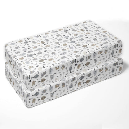 Bacati 2-Pack Crib Fitted Sheets, 100% Cotton Percale Owls Print, Beige/Grey