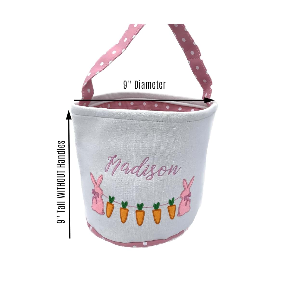 Sew What Fun Easter basket for kids: Embroidered Personalized Name Girls boys basket with handle bunny carrot linen (photo 2)