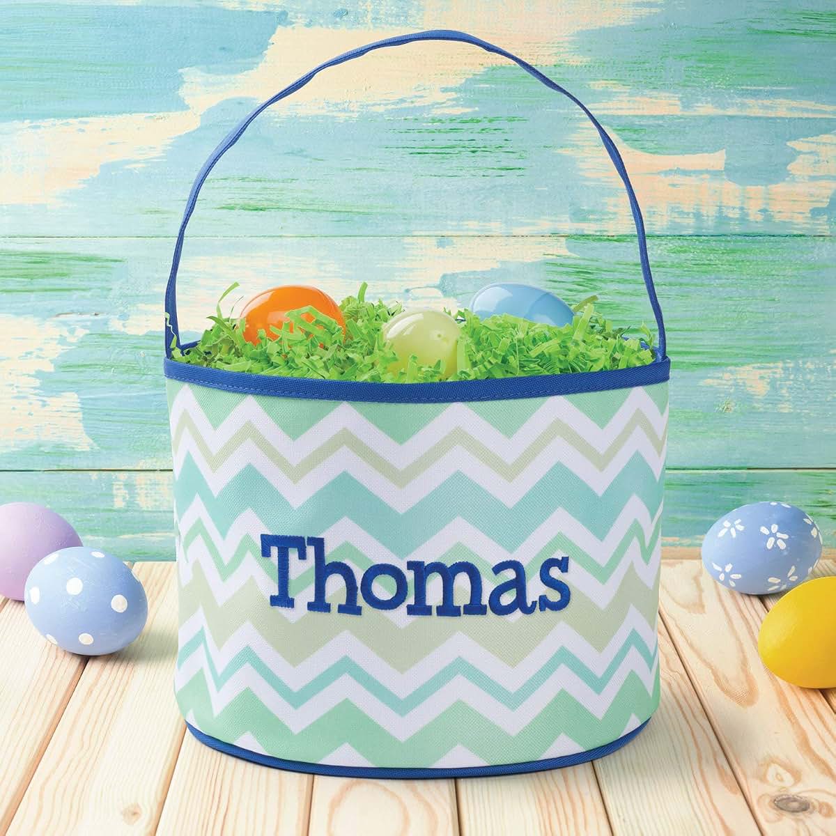 Personalized Planet Personalized Chevron Bucket Bag with Custom Name | Green and Blue Stripped Easter Bag with Handle (photo 2)