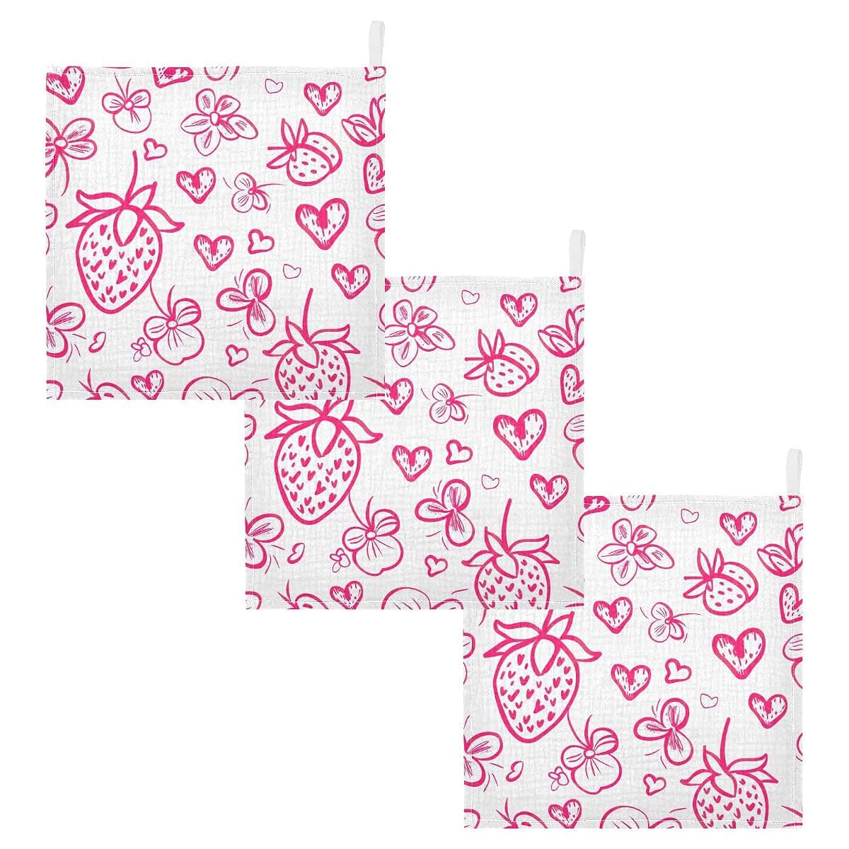 Yettasbin Strawberry Muslin Baby Washcloths, 4 Layers, 3 Pack