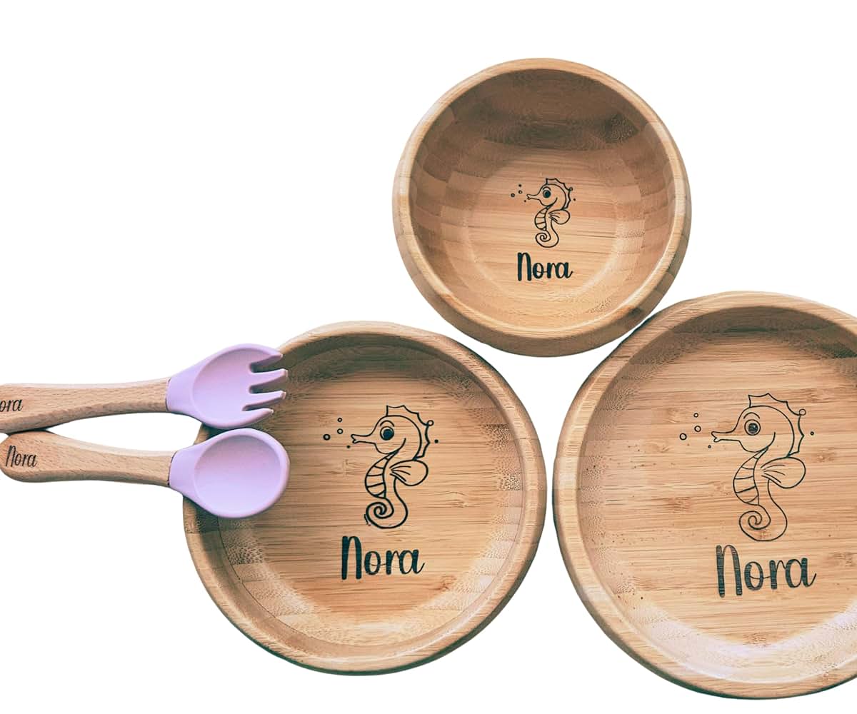 Sincerely Enzi Bamboo Suction Bowls for Baby, Wooden Toddler Bowls, 5-Pc Bowl and Utensil Feeding Set (Pink)