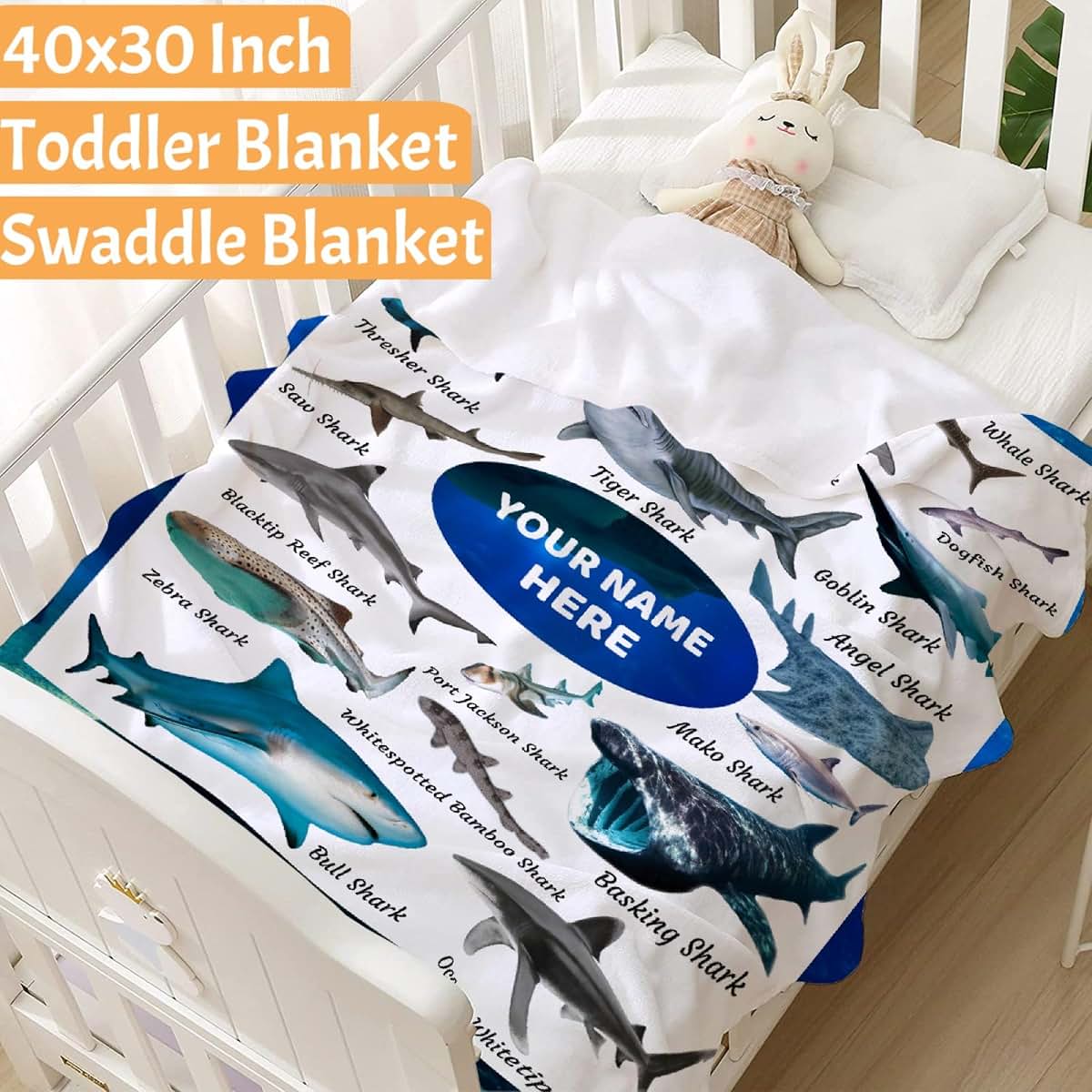 KAWAII BLANKET Shark Custom Name Blanket-Personalized Baby Blanket for Girls Boys Shark Lovers Shark Gift for Infant (photo 2)