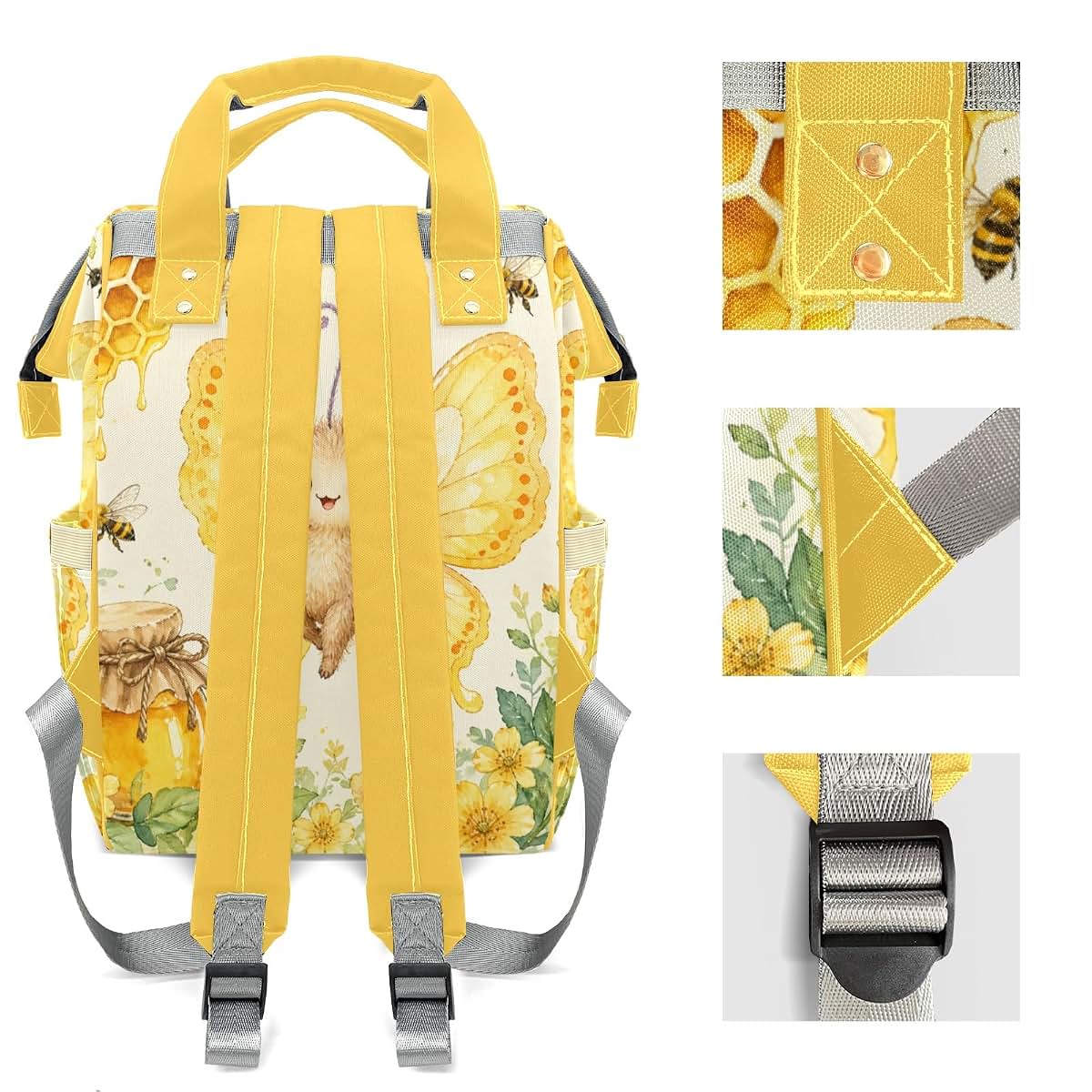 LiSoAkWE Customizable Large Capacity Watercolor Sweet Bee Honey Diaper Bag Personalized Name,Waterproof Multi-Function (photo 4)