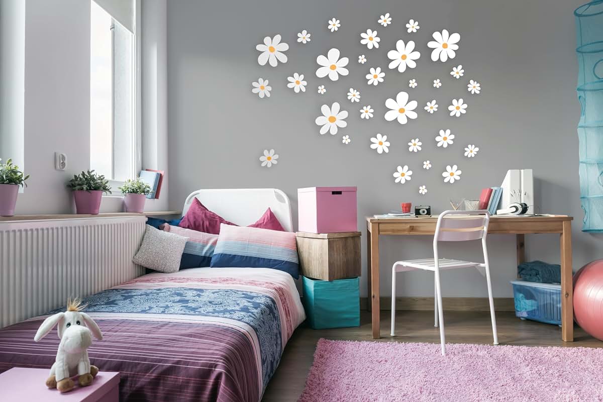MAFOX Classic Style Daisy Wall Decal - 12 Sheets of Big White Vinyl Flower Wall Stickers