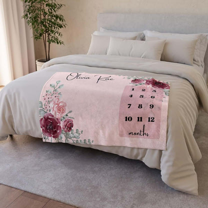 Zebra88 Personalized Monthly Baby Milestone Blanket With Floral Rose Design (photo 3)