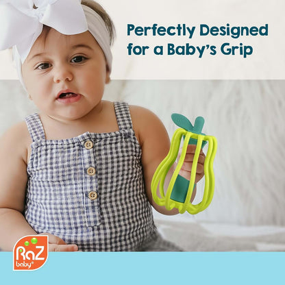 RaZbaby RaZ-Apple Silicone Teether & Rattle Toy, Textured Apple Shape, 3M+