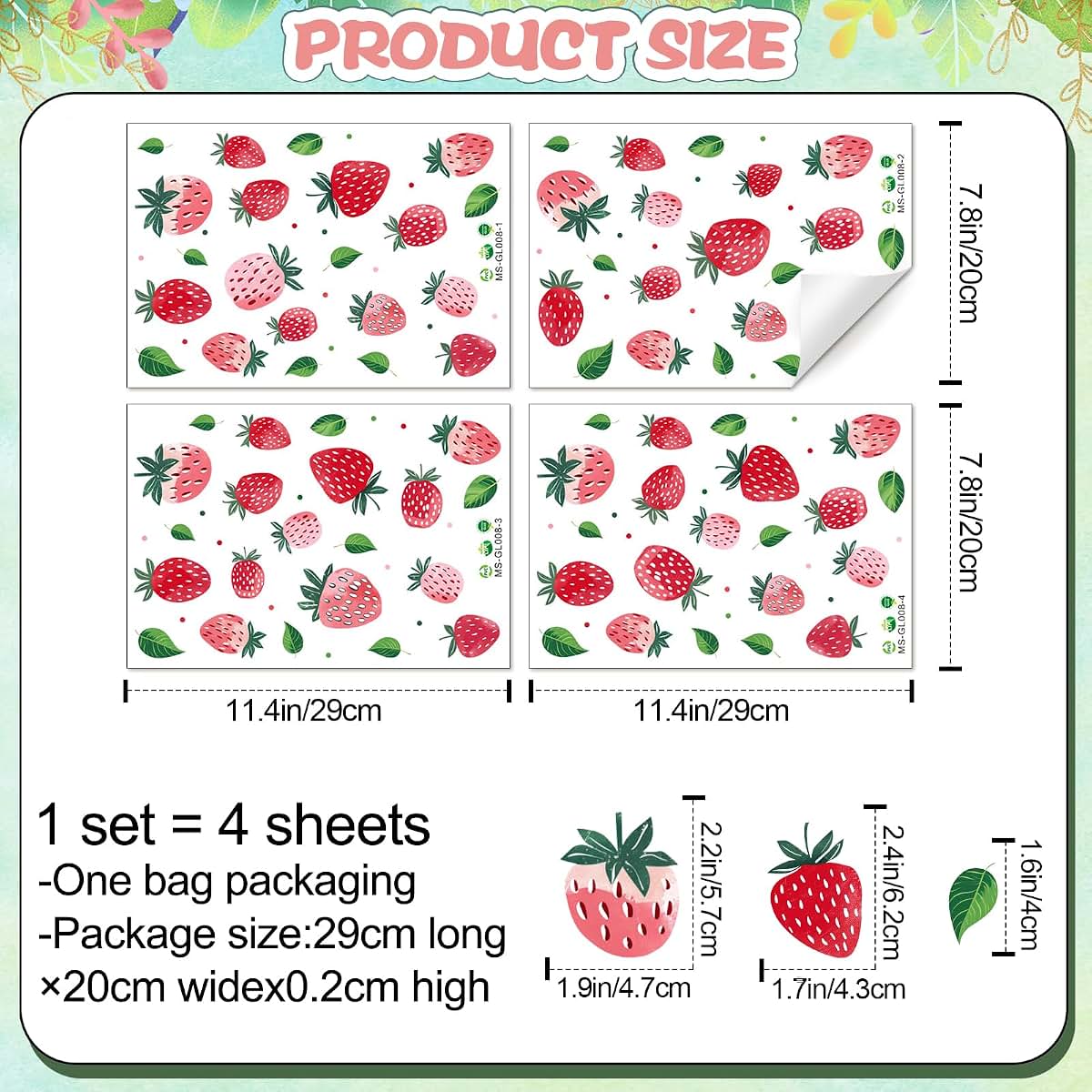 DTLIFEK 4 Sheets Removable Strawberry Wall Decals Red Strawberry with Green Leaves Wall Stickers Peel and Stick Boho