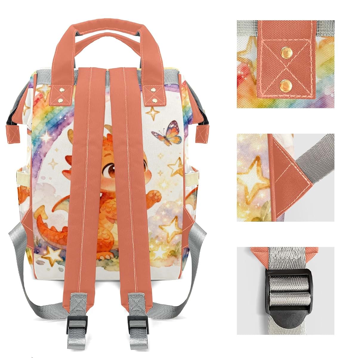 YallLocoMo Personalized Diaper Bag Backpack Name Cute Watercolor Dragon Multifunction Travel Backpack Nappy Bag Daypack (photo 4)