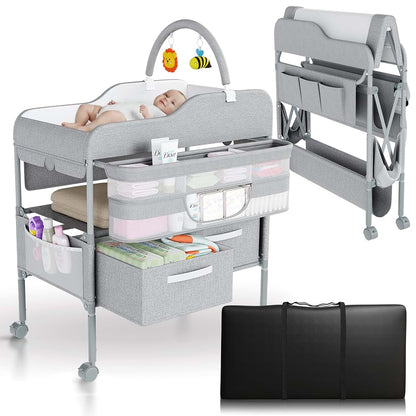 NurturePatch Portable Folding Changing Table With Storage And Wheels