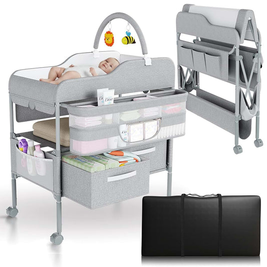 NurturePatch Portable Folding Changing Table With Storage And Wheels