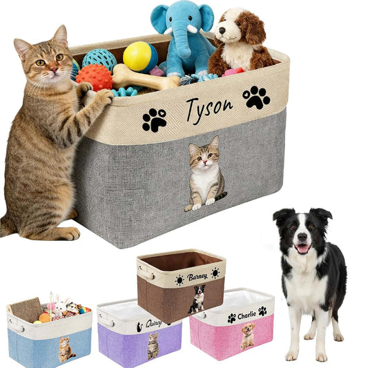 Farmelov Personalized Dog Cat Toy Basket with Name Photo, Custom New Puppy Toy Storage Bins with Handles, Customized