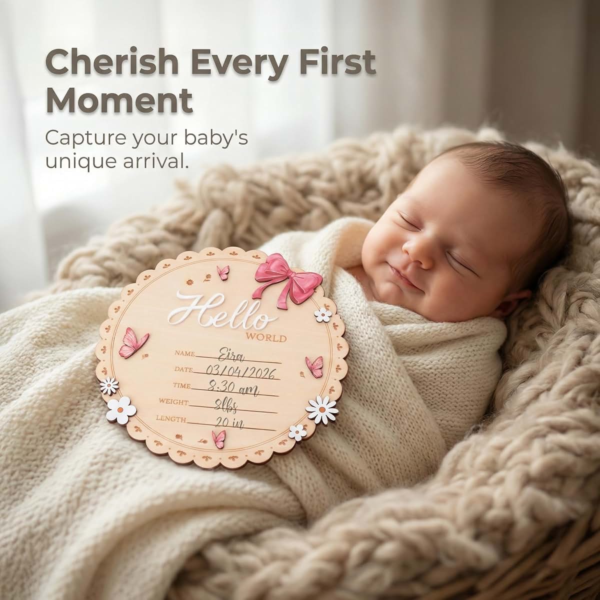 OENIZI Hello World Wooden Baby Birth Announcement Sign with Pink Bow, 6.5 Inch (photo 3)