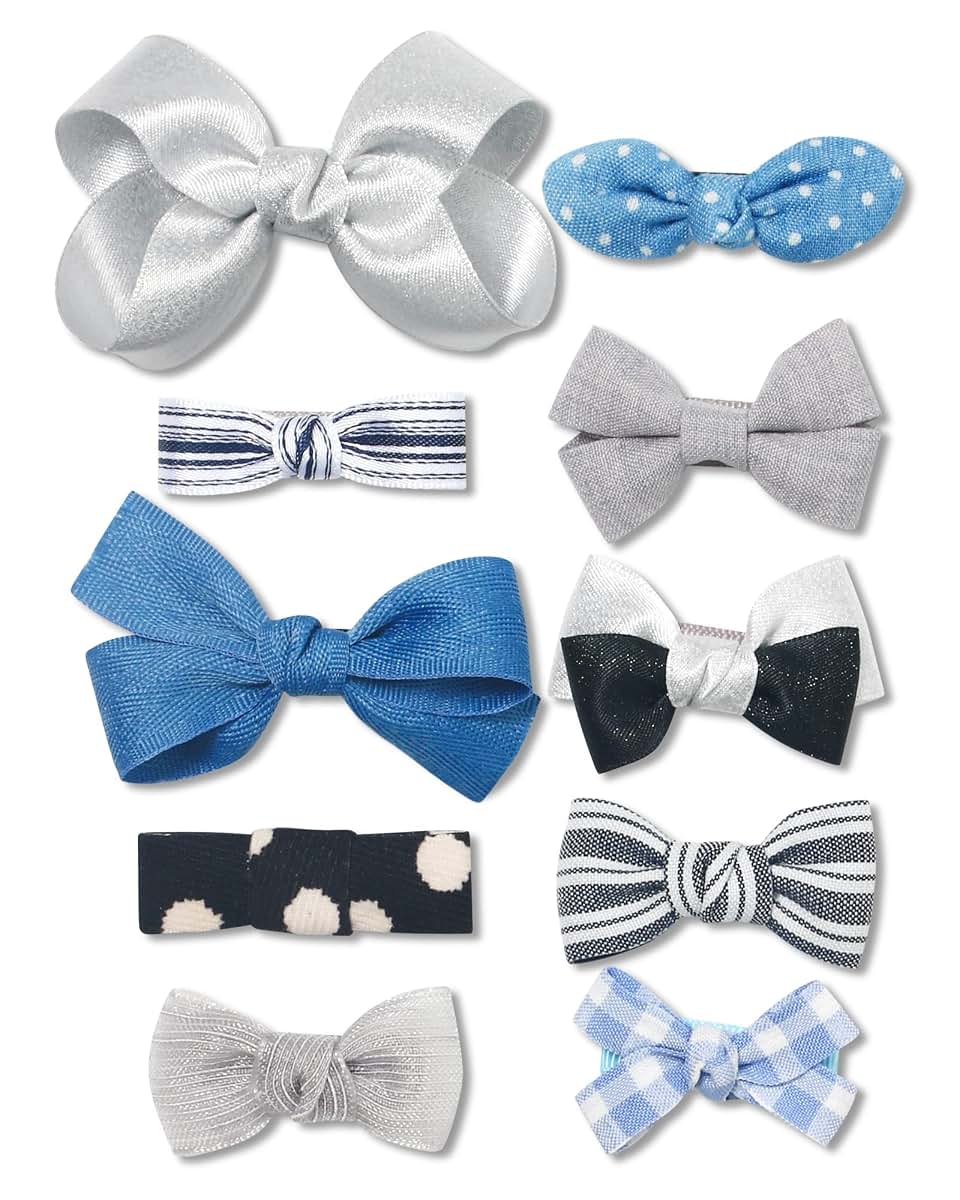 Belle Beau Baby Girls' Hair Bow Clips, 10-Piece Ribbon Lined Set
