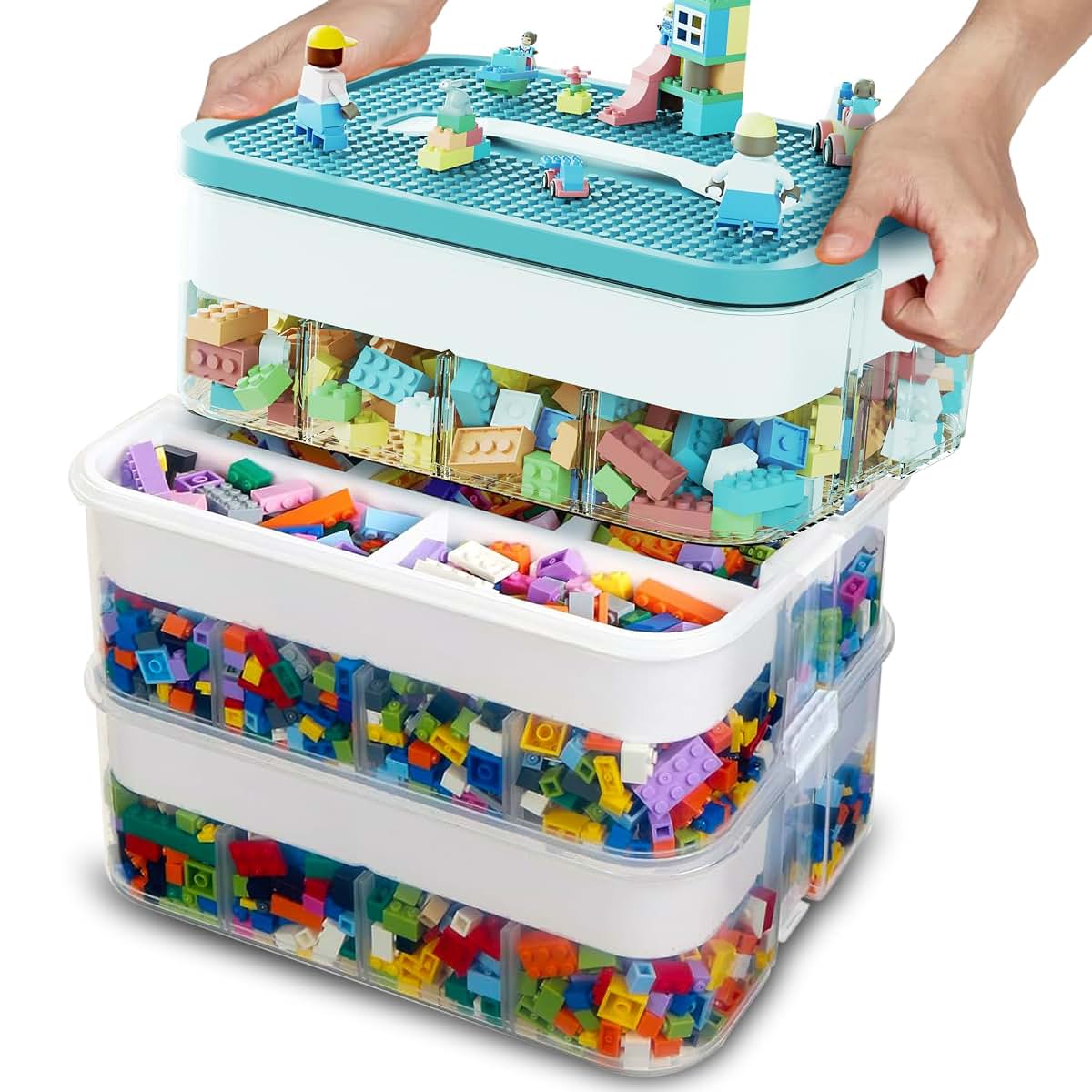 Ribexa 3-Tier Stackable Toy Storage with Building Block Lid & Bricks Organizer | Kids Toy Chest & Lego Organizer Bin