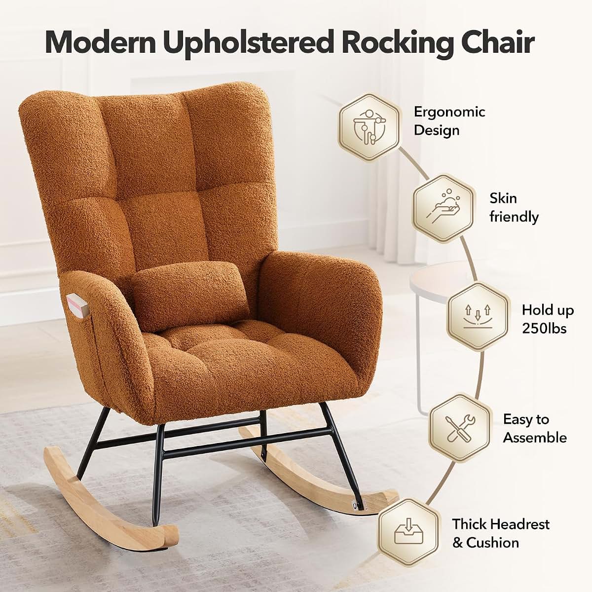 Takywep Teddy Upholstered Nursery Rocking Chair with Wing Backrest