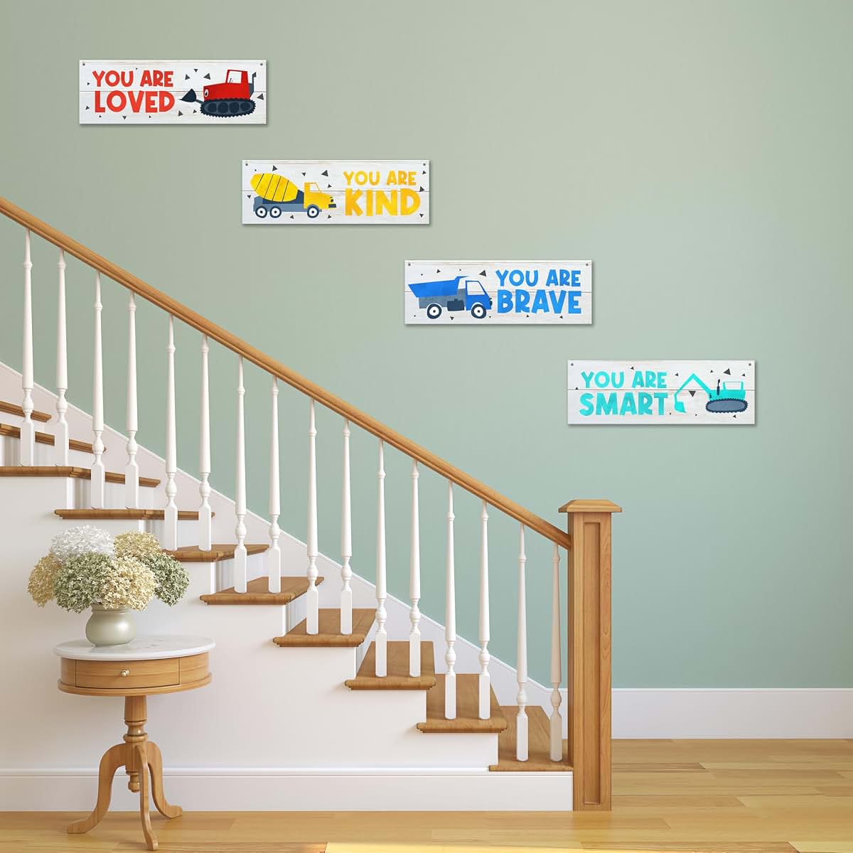 Dskly Construction Vehicles Wall Decor Signs, 4 Pack with Hemp Ropes