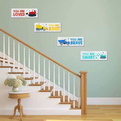 Dskly Construction Vehicles Wall Decor Signs, 4 Pack with Hemp Ropes