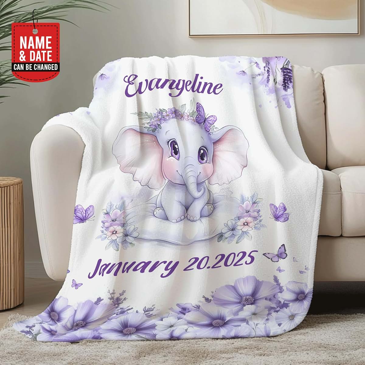 Foxcorner Personalized Girls Nursery Fleece Blanket Gifts, Purple Elephant | Beautiful New Baby Girl Baby Birthstats (photo 2)