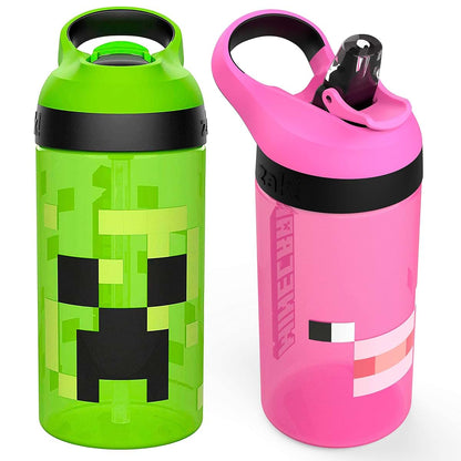 Zak Designs Minecraft Kids Water Bottle with Straw and Carrying Loop, Creeper/Pig, 16 oz, 2pc Set