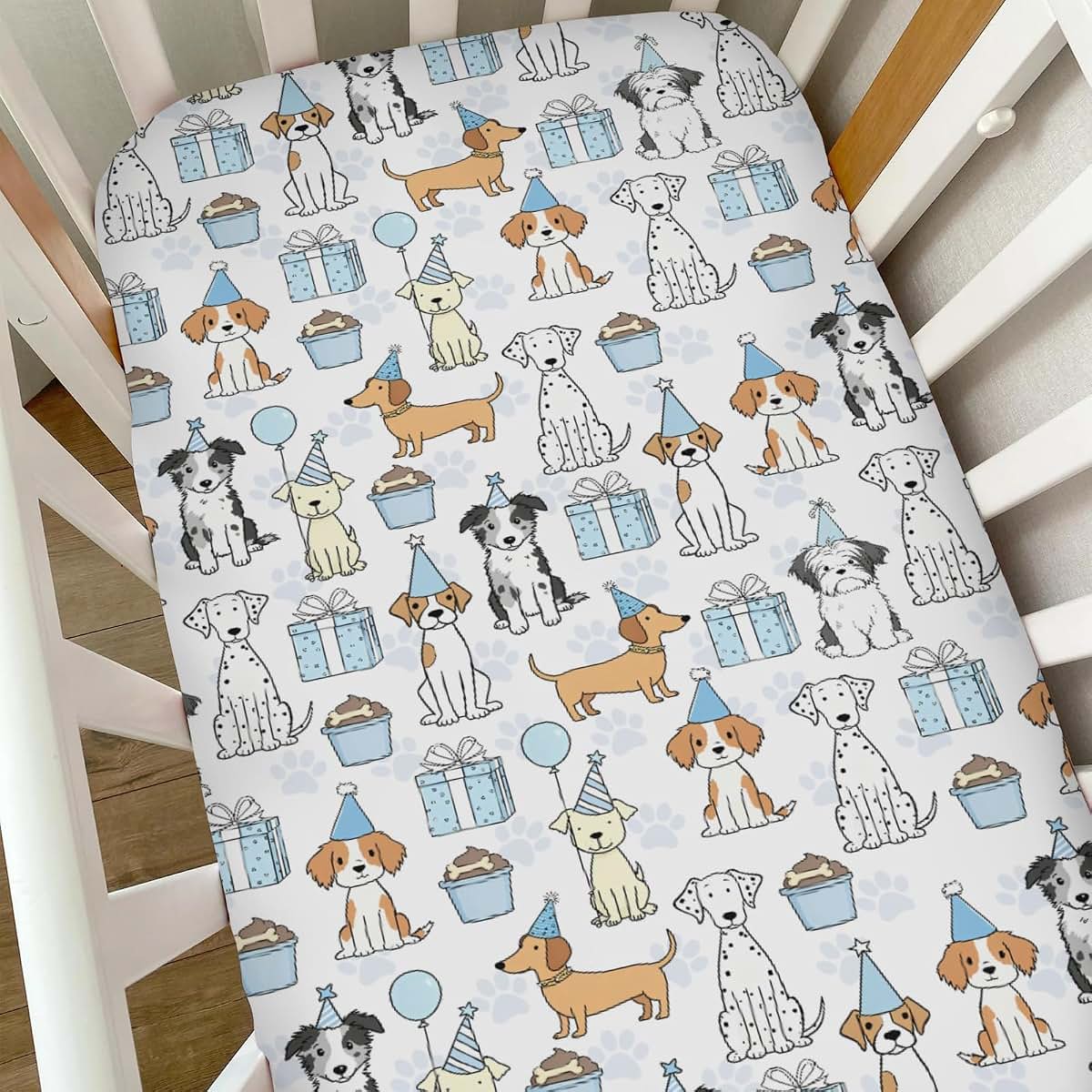 Selgkds Watercolor Baby Blue Party Dogs Baby Crib Sheets Boy Girl Cute Puppies Balloon Gift Paws Soft Snug Fitted Crib