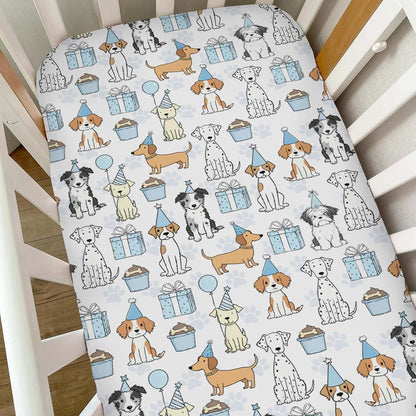 Selgkds Watercolor Baby Blue Party Dogs Baby Crib Sheets Boy Girl Cute Puppies Balloon Gift Paws Soft Snug Fitted Crib