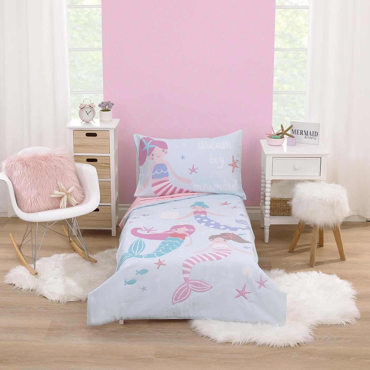 Everything Kids Mermaid 4-Piece Toddler Bed Set, Pink and Blue, 100% Polyester