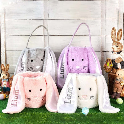shiguangji Personalized Bunny Easter Basket, Fur Easter Basket with Name, Plush Easter Bucket, Bunny Face Tote, Kids