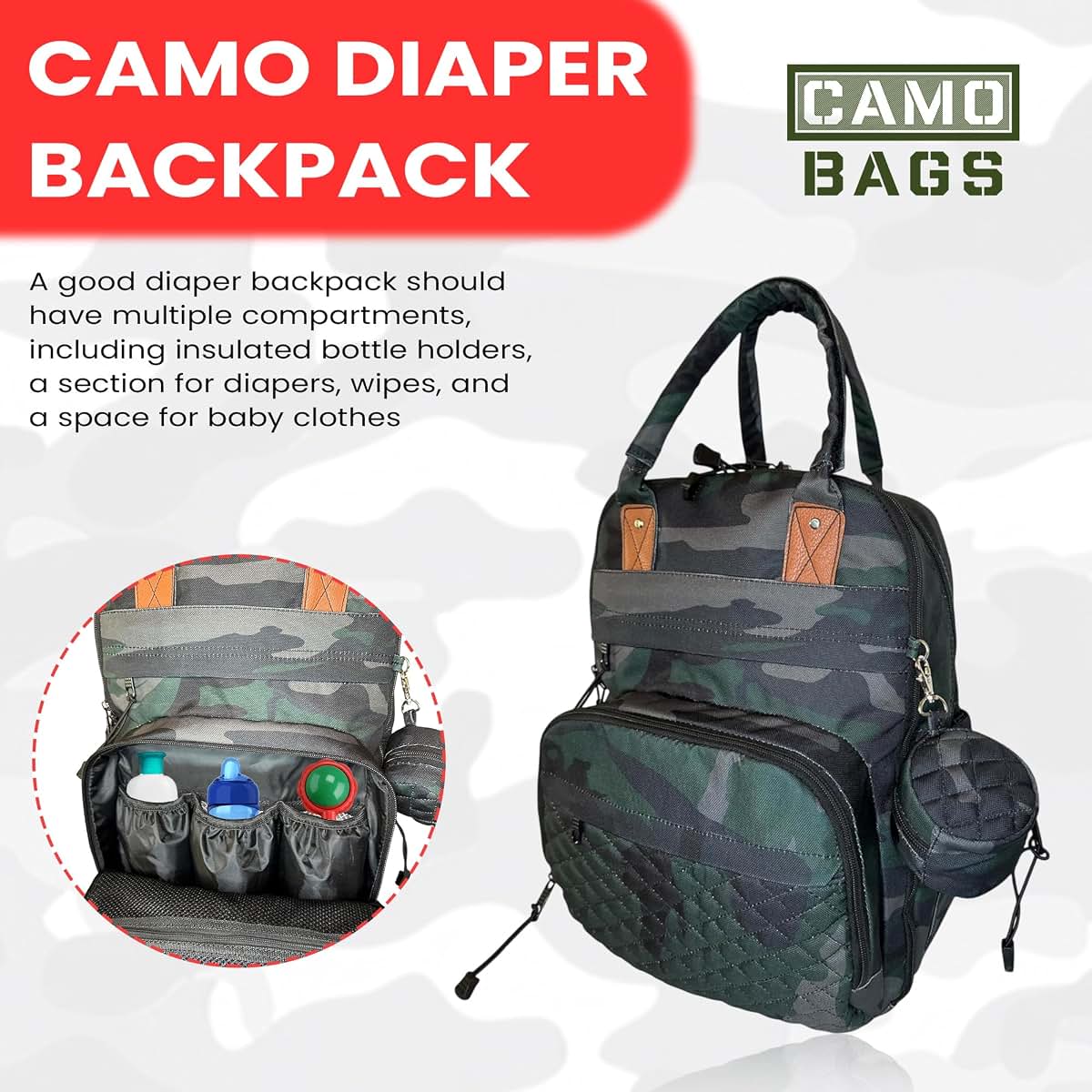 Powell Tool Bags Camo Diaper Backpack - Shoulder Bag with Changing Pad & Pacifier Pouch- Comfortable Backpack with (photo 2)