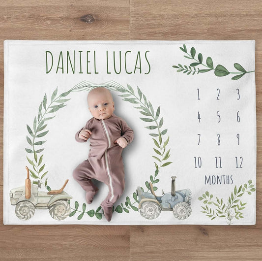 BabyOneStop Tractor Milestone Personalized Baby Blanket