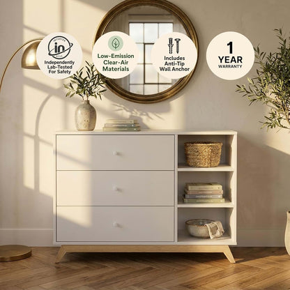 dadada Central Park 3-Drawer Bedroom Dresser, Open Shelving, White/Natural
