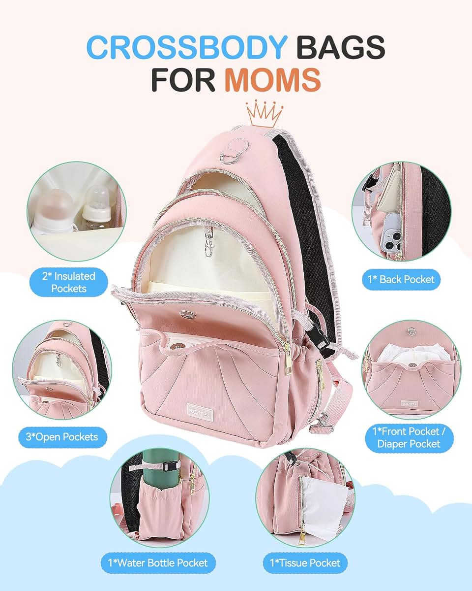 AGPTEK Diaper Sling Crossbody Bag for Mom, Pink