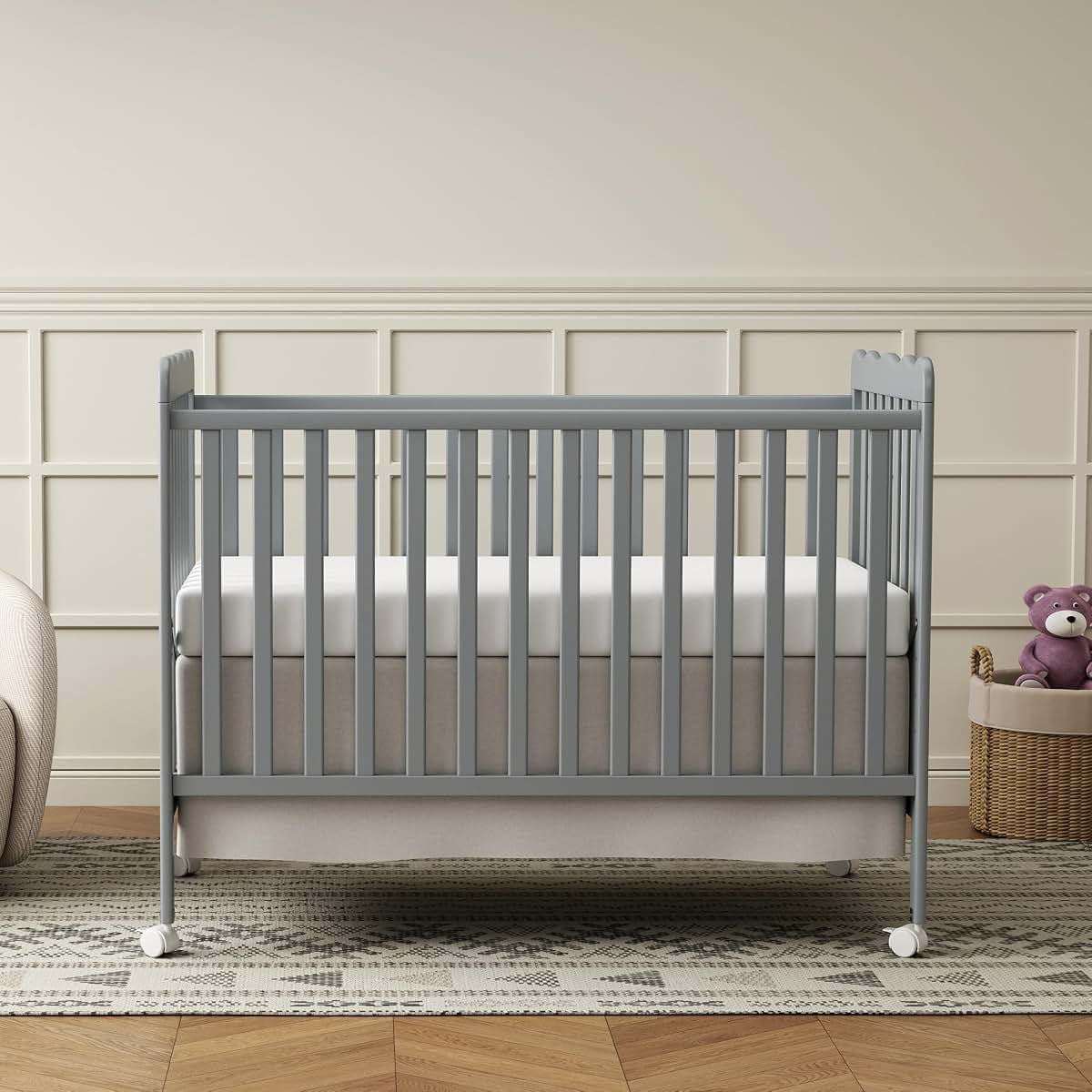 Goldzone 4-in-1 Convertible Wood Baby Crib with Locking Wheels, 3 Heights, New Zealand Pine