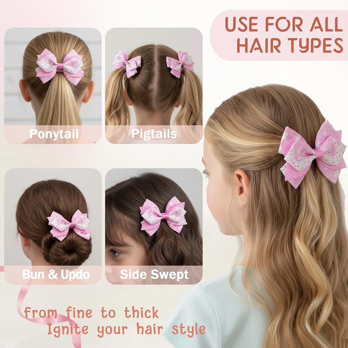 KEXINSTAR 4'' Birthday Hair Bow Clips 2pc Pink Glitter Birthday Bows for Girls Hair Accessories Ice Cream Party Decor (photo 3)