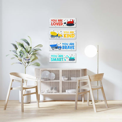 Dskly Construction Vehicles Wall Decor Signs, 4 Pack with Hemp Ropes